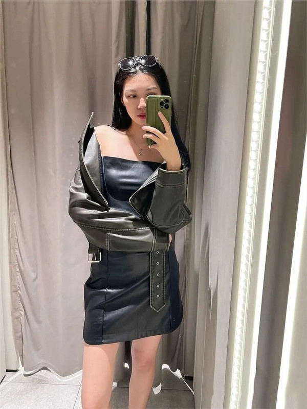 Vintage vaba rihmaga nahast lühike jope naistele Keerulise kraega Tänavarõivad Naiste tõmblukuga Retro Moto Biker Outwear Topid