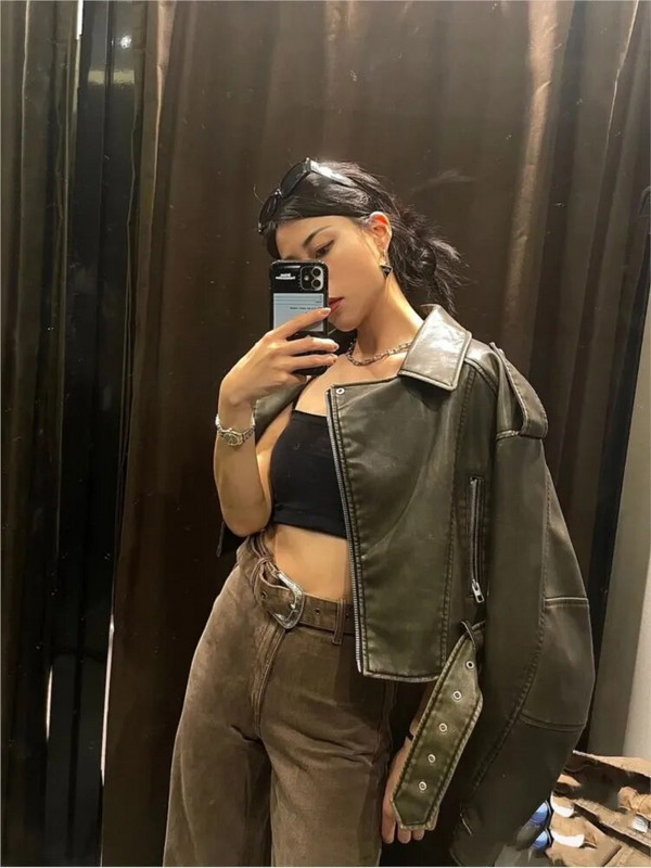 Vintage vaba rihmaga nahast lühike jope naistele Keerulise kraega Tänavarõivad Naiste tõmblukuga Retro Moto Biker Outwear Topid