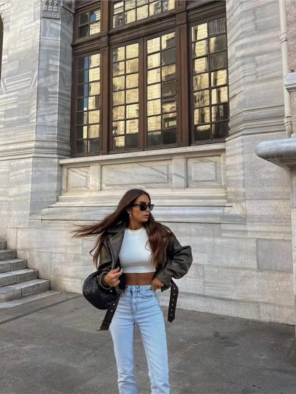 Vintage vaba rihmaga nahast lühike jope naistele Keerulise kraega Tänavarõivad Naiste tõmblukuga Retro Moto Biker Outwear Topid