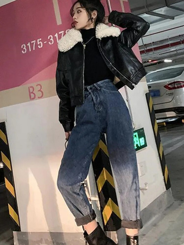 Moteriška žieminė odinė kailinė striukė Moteriški trumpi PU odos vilnos paltai