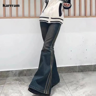 Karrram Grunge Kõrge vöökohaga Flare Teksad Vintage triibulised teksapüksid Y2k Harajuku Bell Bottom teksad 2000ndate kitsad teksad 90ndate