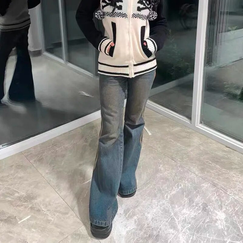 Karrram Grunge traperice s visokim strukom, vintage prugaste traper hlače Y2k Harajuku zvonaste traperice 2000-ih, uske traperice za brisanje 90-ih