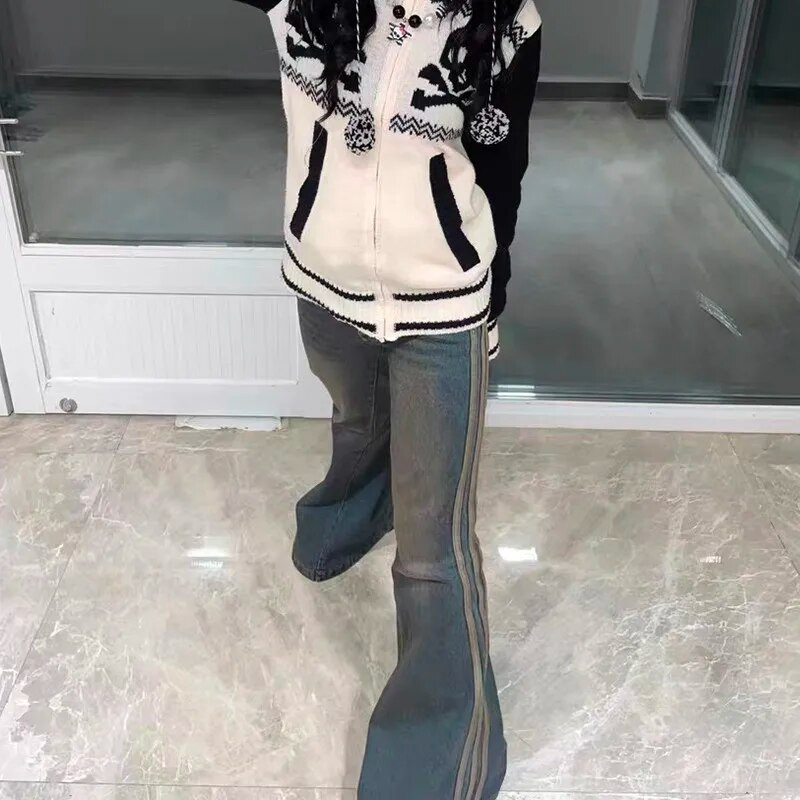 Karrram Grunge traperice s visokim strukom, vintage prugaste traper hlače Y2k Harajuku zvonaste traperice 2000-ih, uske traperice za brisanje 90-ih