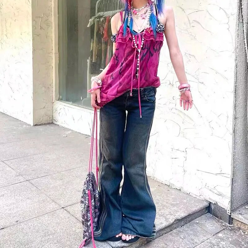 Karrram Grunge traperice s visokim strukom, vintage prugaste traper hlače Y2k Harajuku zvonaste traperice 2000-ih, uske traperice za brisanje 90-ih