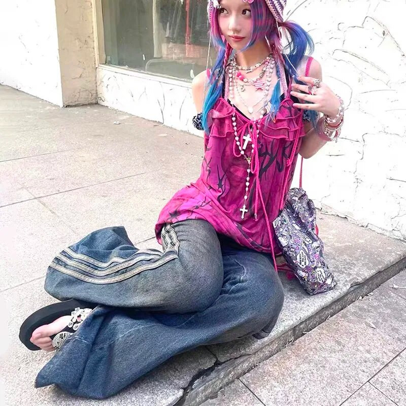 Karrram Grunge traperice s visokim strukom, vintage prugaste traper hlače Y2k Harajuku zvonaste traperice 2000-ih, uske traperice za brisanje 90-ih