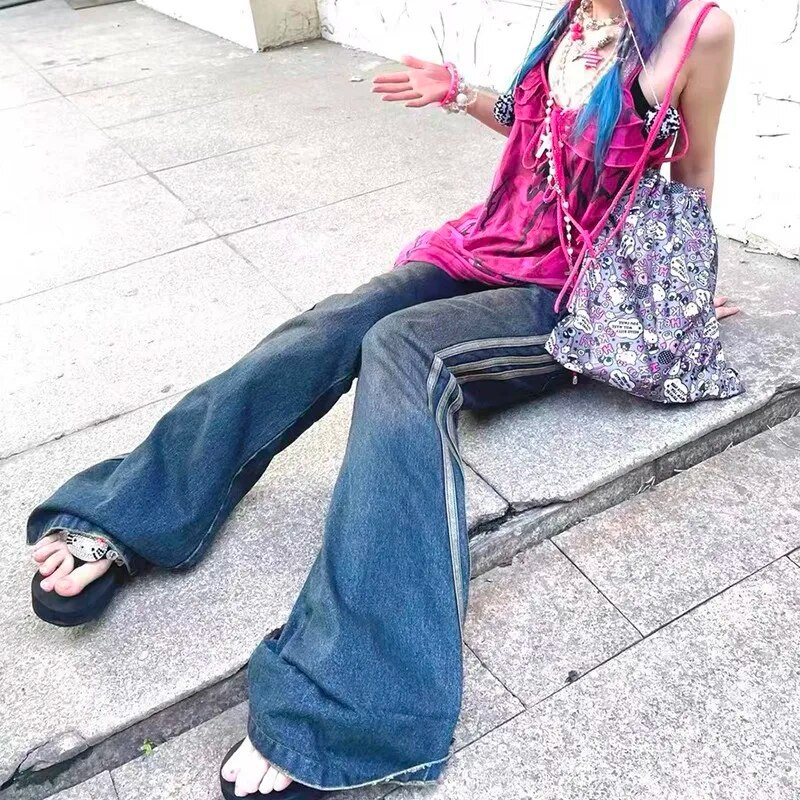 Karrram Grunge traperice s visokim strukom, vintage prugaste traper hlače Y2k Harajuku zvonaste traperice 2000-ih, uske traperice za brisanje 90-ih