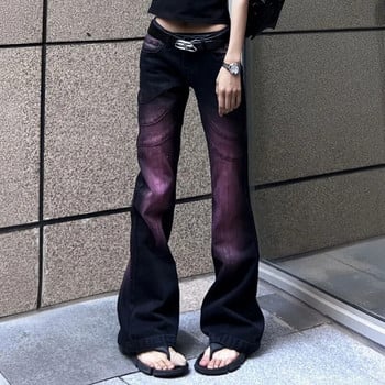 Fashion Purple Gradient Tie Dye Micro Flared Jeans Y2K Streetwear Vintage Wash Loose Casual ίσιο τζιν ψηλόμεσο