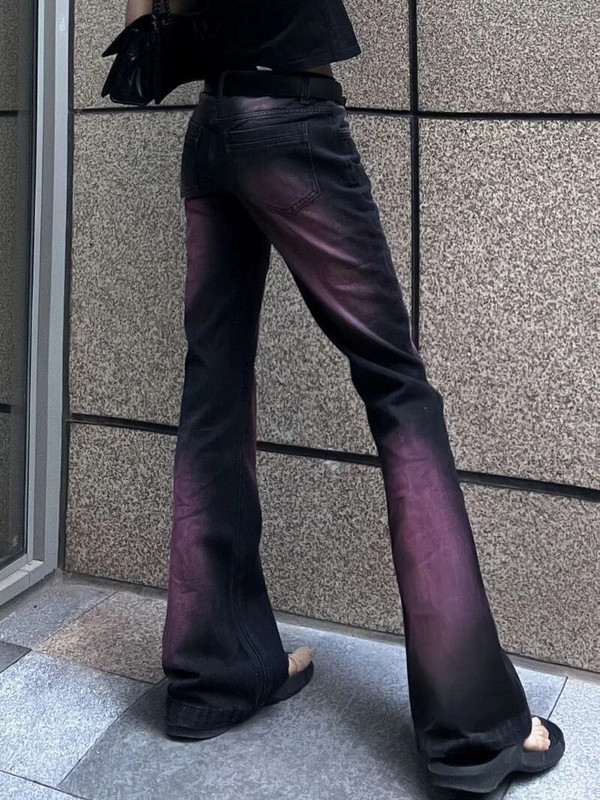 Madingi purpuriniai gradiento kaklaraištis dažai Mikro platėjantys džinsai Y2K gatvės apranga Vintage Wash Laisvi laisvalaikio džinsai aukštu juosmeniu tiesiomis kojomis