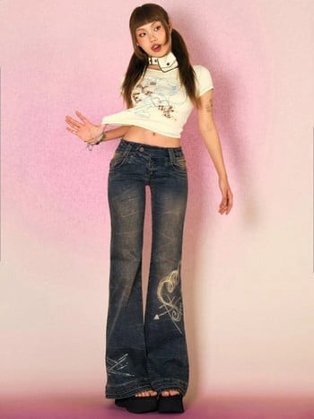 Rockmore Y2K Low Rise Flare Jeans for Woman Streetwear Aesthetic Print Jean Pants Vintage Washed Denim Trouser Grunge Fairycore