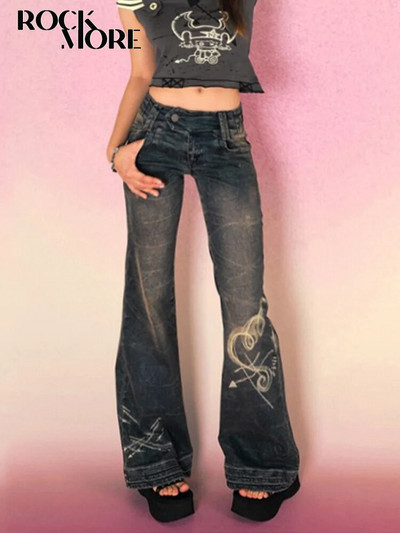 Rockmore Y2K široke traperice niskog struka za žene Streetwear Jeans hlače s estetskim printom Vintage isprane traper hlače Grunge Fairycore