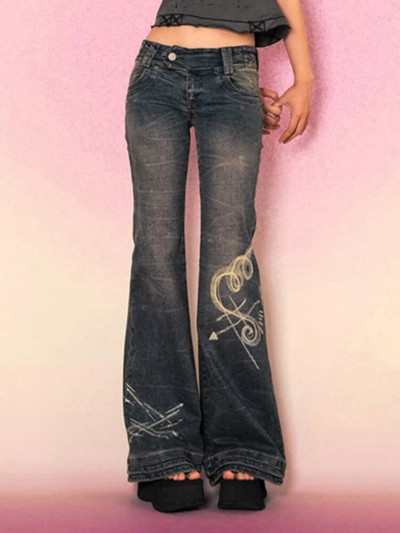 Rockmore Y2K široke traperice niskog struka za žene Streetwear Jeans hlače s estetskim printom Vintage isprane traper hlače Grunge Fairycore