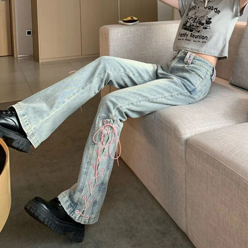 MEXZT Y2K džinsai aukštu juosmeniu, moteriški vintažiniai tvarsčiai, siauros, plonos džinsinės kelnės, moteriškos korėjietiškos gatvės aprangos, laisvalaikio plačios kelnės