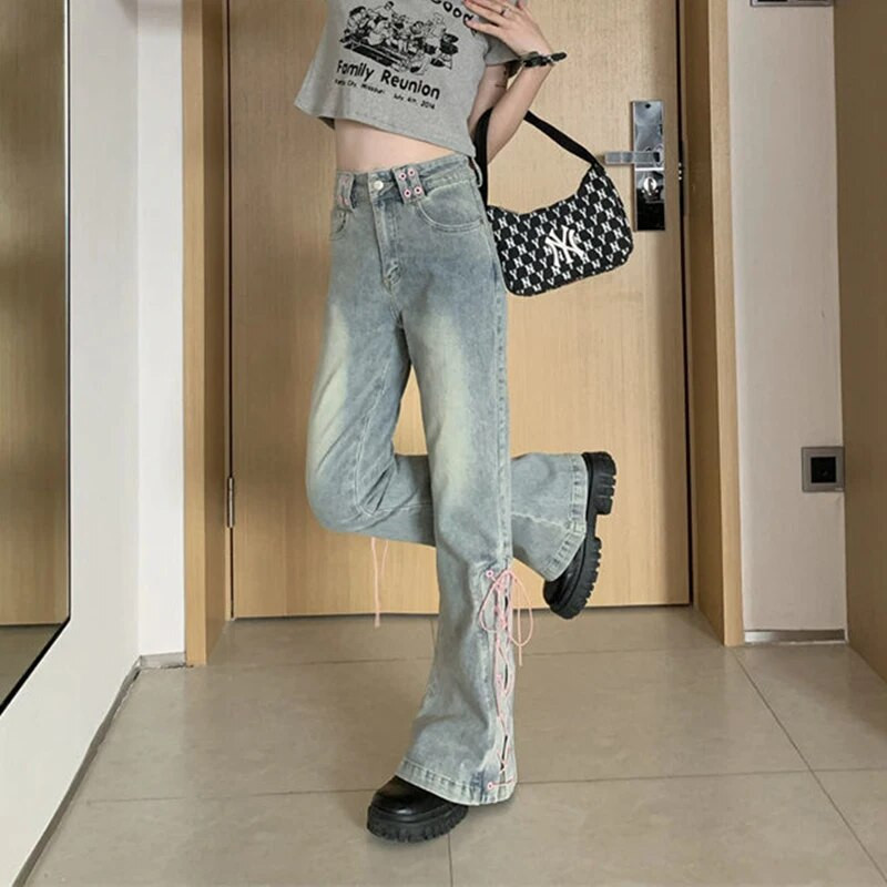 MEXZT Y2K džinsai aukštu juosmeniu, moteriški vintažiniai tvarsčiai, siauros, plonos džinsinės kelnės, moteriškos korėjietiškos gatvės aprangos, laisvalaikio plačios kelnės