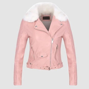 FTLZZ Ново дамско зимно яке от изкуствена кожа, топло, голяма кожена яка, дамско мотоциклетно яке от изкуствена кожа, бяло, черно, розово