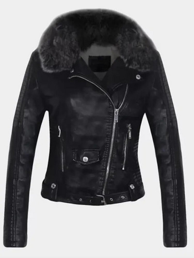 FTLZZ Ново дамско зимно яке от изкуствена кожа, топло, голяма кожена яка, дамско мотоциклетно яке от изкуствена кожа, бяло, черно, розово