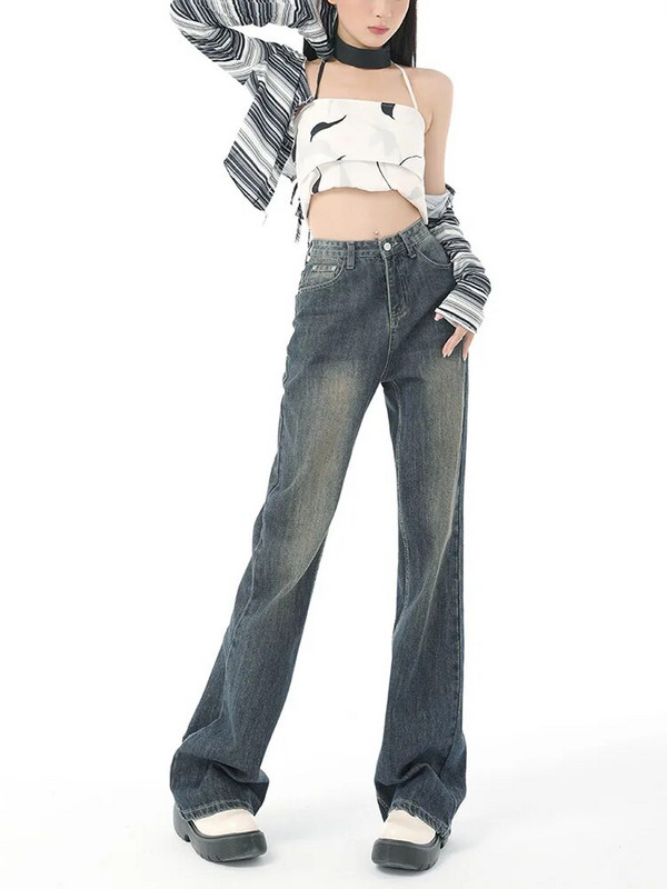 Flare džinsai kelnės Moteriški vintažiniai džinsiniai moteriški džinsai aukštu juosmeniu madingos kišeninės kelnės plačios džinsai