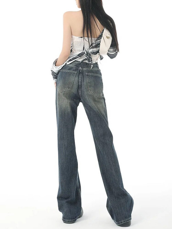 Flare džinsai kelnės Moteriški vintažiniai džinsiniai moteriški džinsai aukštu juosmeniu madingos kišeninės kelnės plačios džinsai