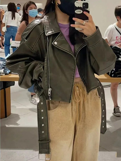 „Fitaylor“ naujoji pavasario rudens moteriška „High Street“ striukė su užtrauktuku užtraukiama dirbtinės odos su diržu „Vintage Moto Biker“ trumpas puspaltis