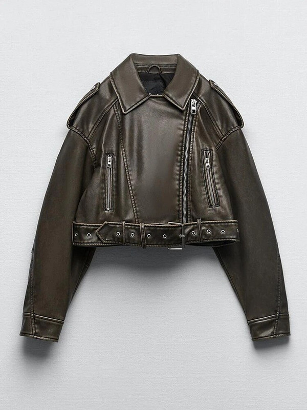 „Fitaylor“ naujoji pavasario rudens moteriška „High Street“ striukė su užtrauktuku užtraukiama dirbtinės odos su diržu „Vintage Moto Biker“ trumpas puspaltis