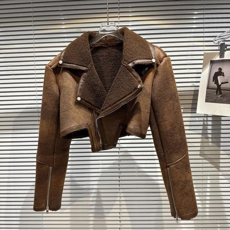 PREPOMP 2022, talv, uus saabumine, pikkade varrukatega lambavillast karusnahast mantel Turn Down kraega lühike jope naiste GG977