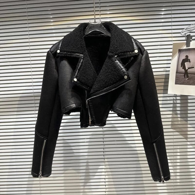 PREPOMP 2022, talv, uus saabumine, pikkade varrukatega lambavillast karusnahast mantel Turn Down kraega lühike jope naiste GG977