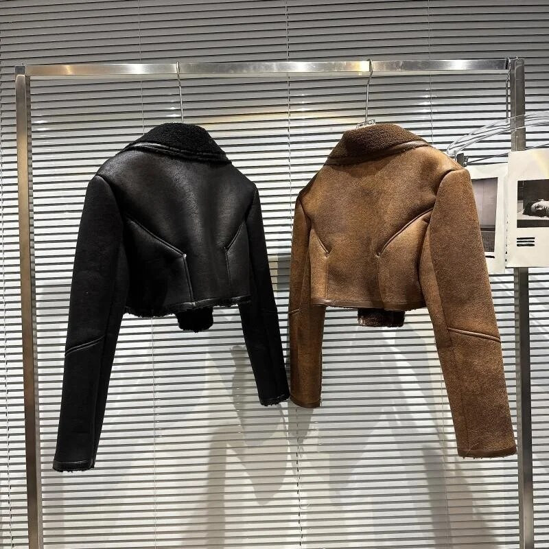 PREPOMP 2022, talv, uus saabumine, pikkade varrukatega lambavillast karusnahast mantel Turn Down kraega lühike jope naiste GG977