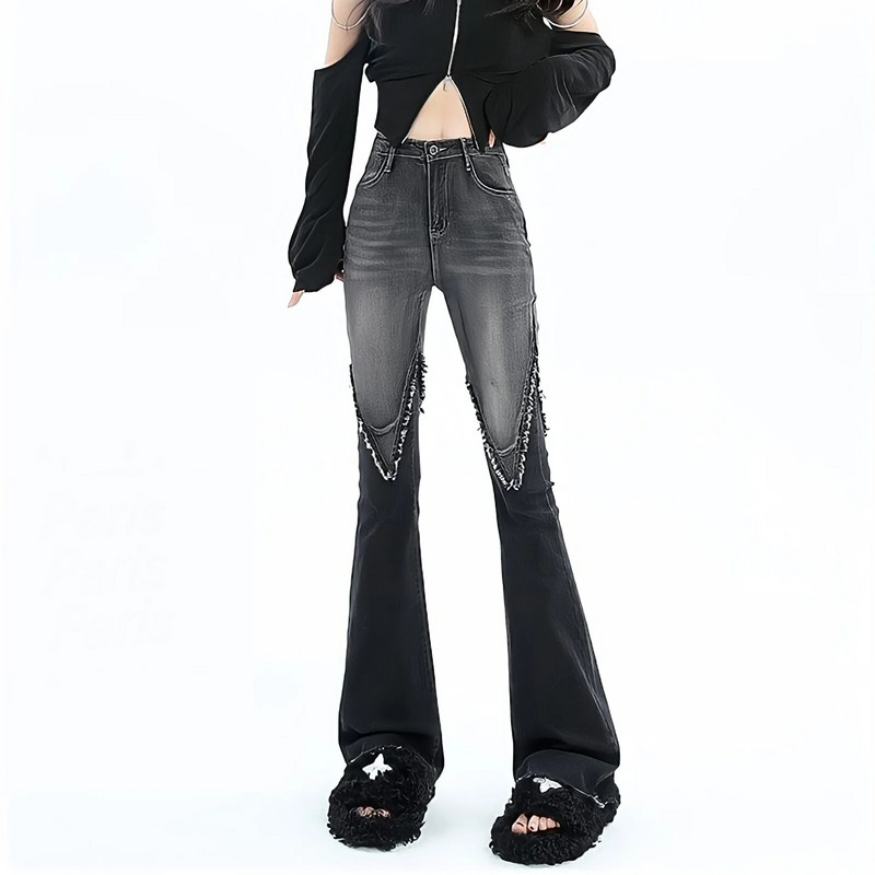 Gatvės apranga Y2k džinsai, moteriškos 90-ųjų vintažinės grunge punk korėjietiškos mados aukštu juosmeniu šukuotos džinsinės kelnės Juodos plačios platėjančios kelnės
