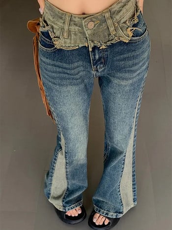 2023 Κορεάτικο Y2K Patch Vintage Blue Flare Jeans Παντελόνι για Γυναικεία Ρούχα Harajuku Fashion Casual Lady Denim Παντελόνι Ropa De Mujer