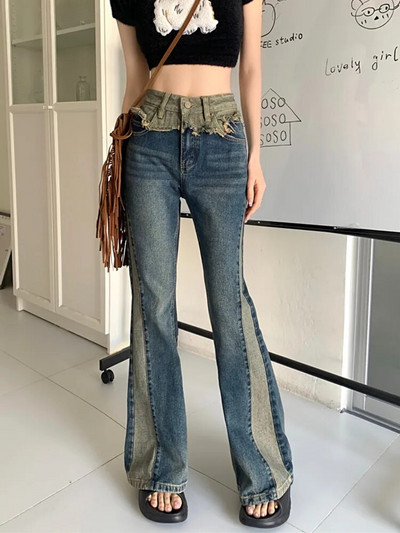 2023 Korea Y2K Patch Vintage Blue Flare Teksad Püksid Naistele Riided Harajuku Mood vabaaja Daami Denimpüksid Ropa De Mujer