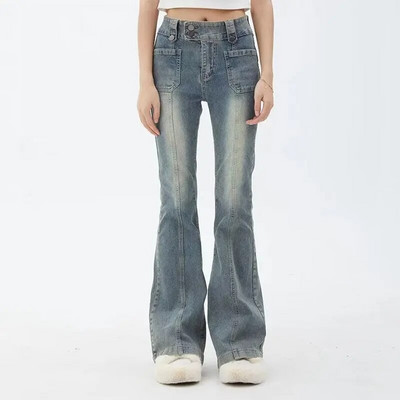 2023 Korea Y2K Fashion Pestud Sinine Slim Flare Teksad Püksid Naiste Riietus Elegantne vabaaja Denimpüksid Lady Pantalon Femme