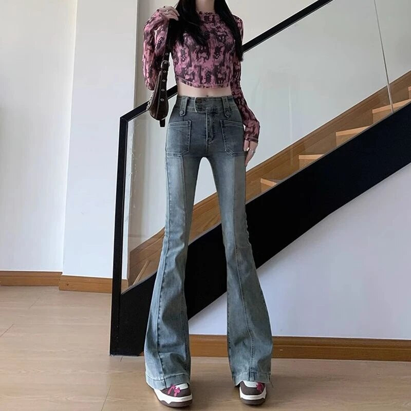 2023 Korea Y2K Fashion Pestud Sinine Slim Flare Teksad Püksid Naiste Riietus Elegantne vabaaja Denimpüksid Lady Pantalon Femme