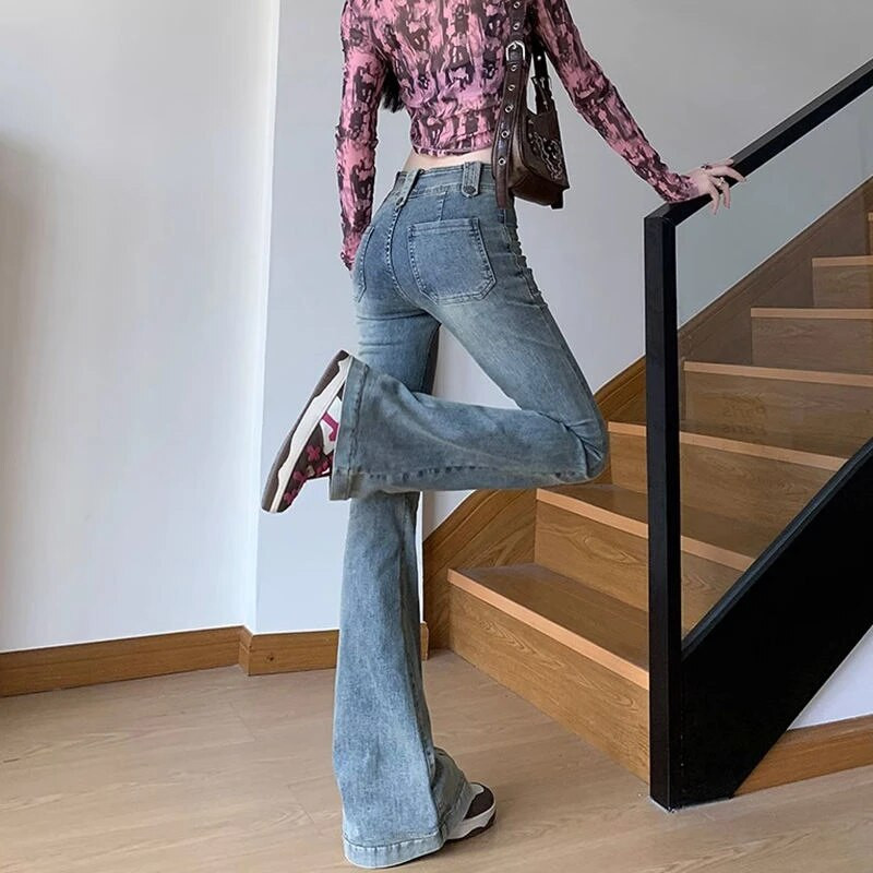 2023 Korea Y2K Fashion Pestud Sinine Slim Flare Teksad Püksid Naiste Riietus Elegantne vabaaja Denimpüksid Lady Pantalon Femme