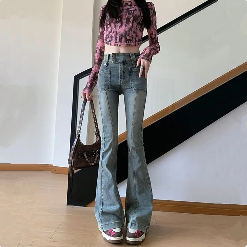 2023 Korea Y2K Fashion Pestud Sinine Slim Flare Teksad Püksid Naiste Riietus Elegantne vabaaja Denimpüksid Lady Pantalon Femme