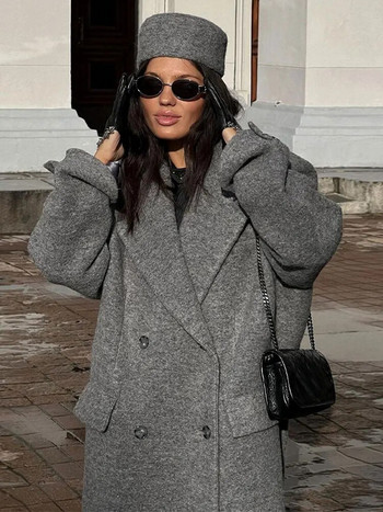 Κομψά γκρι μάλλινα μείγματα μακριά γυναικεία παλτό Causal Loose διπλές τσέπες παλτό 2023 Χειμώνας ζεστό υπερμεγέθη γυναικείο μπουφάν