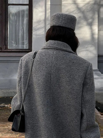 Κομψά γκρι μάλλινα μείγματα μακριά γυναικεία παλτό Causal Loose διπλές τσέπες παλτό 2023 Χειμώνας ζεστό υπερμεγέθη γυναικείο μπουφάν