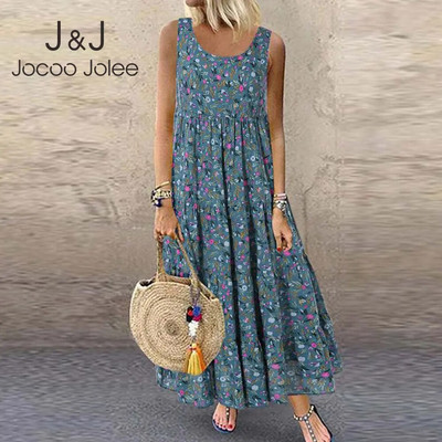 Jocoo Jolee Bohemian Maxi Φόρεμα Γυναικείο Casual Vintage Αμάνικο O λαιμόκοψη Φαρδύ μακρύ φόρεμα υπερμεγέθη σαλονάκι παραλίας