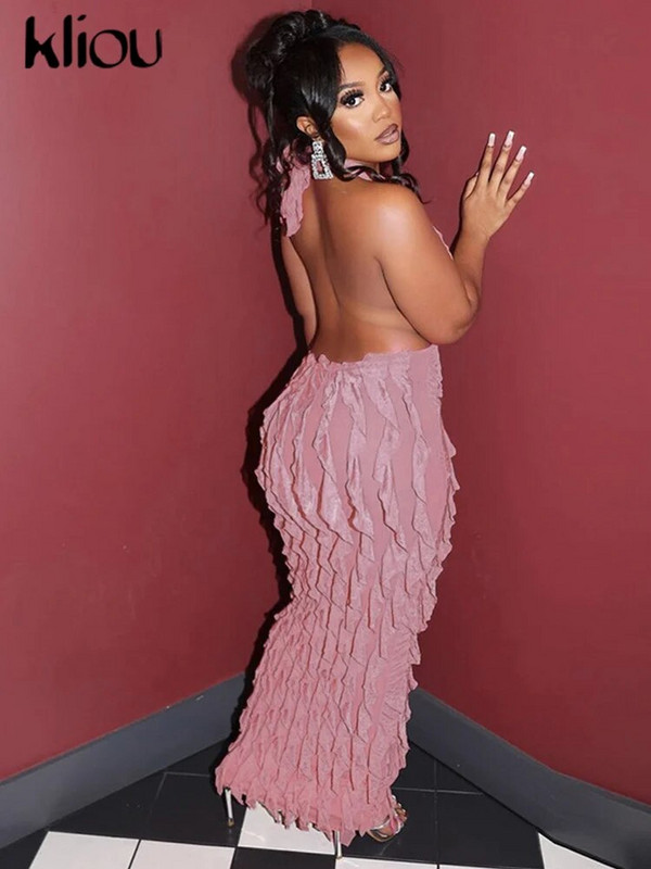 Kliou Solid Elegantiška apynasrinė, didoka suknelė moterims, glausta, seksuali iškirptė, giliu V formos iškirpte be nugaros, liesas chalatas.