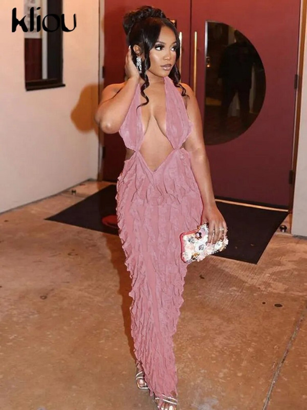 Kliou Solid Elegantiška apynasrinė, didoka suknelė moterims, glausta, seksuali iškirptė, giliu V formos iškirpte be nugaros, liesas chalatas.