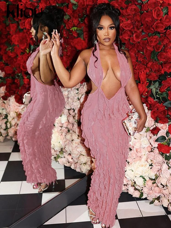 Kliou Solid Elegantiška apynasrinė, didoka suknelė moterims, glausta, seksuali iškirptė, giliu V formos iškirpte be nugaros, liesas chalatas.