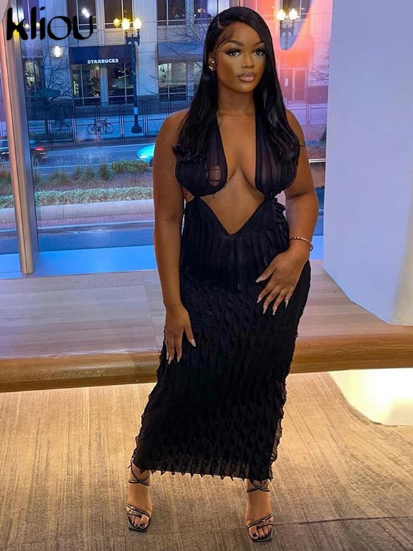 Kliou Solid Elegantiška apynasrinė, didoka suknelė moterims, glausta, seksuali iškirptė, giliu V formos iškirpte be nugaros, liesas chalatas.