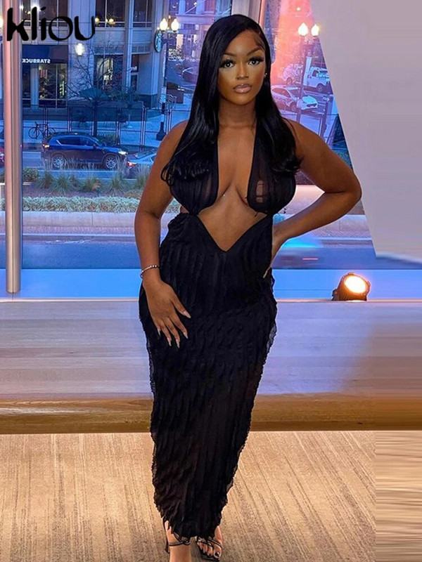 Kliou Solid Elegantiška apynasrinė, didoka suknelė moterims, glausta, seksuali iškirptė, giliu V formos iškirpte be nugaros, liesas chalatas.