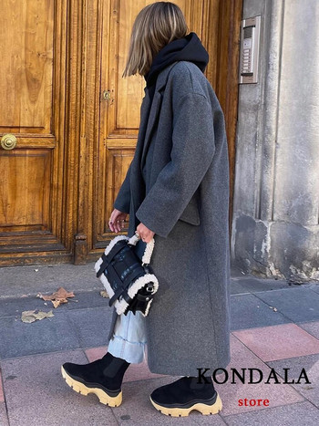 KONDALA Γυναικεία Φθινοπωρινά Χονδρά Μακριά Παλτό Vintage V λαιμόκοψη Μακρυμάνικα Τσέπες Μπουφάν Μόδα 2023 Κομψά Γυναικεία Παλτό