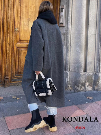 KONDALA Γυναικεία Φθινοπωρινά Χονδρά Μακριά Παλτό Vintage V λαιμόκοψη Μακρυμάνικα Τσέπες Μπουφάν Μόδα 2023 Κομψά Γυναικεία Παλτό