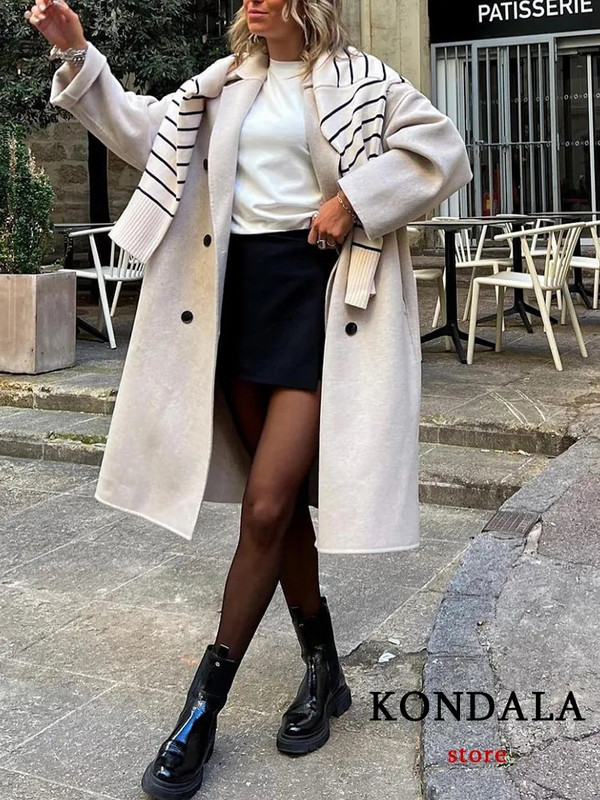 KONDALA Moterų rudens žiemos stori ilgi paltai Vintage V kaklelis ilgomis rankovėmis kišenės Striukės mados 2023 m. Elegantiški moteriški paltai