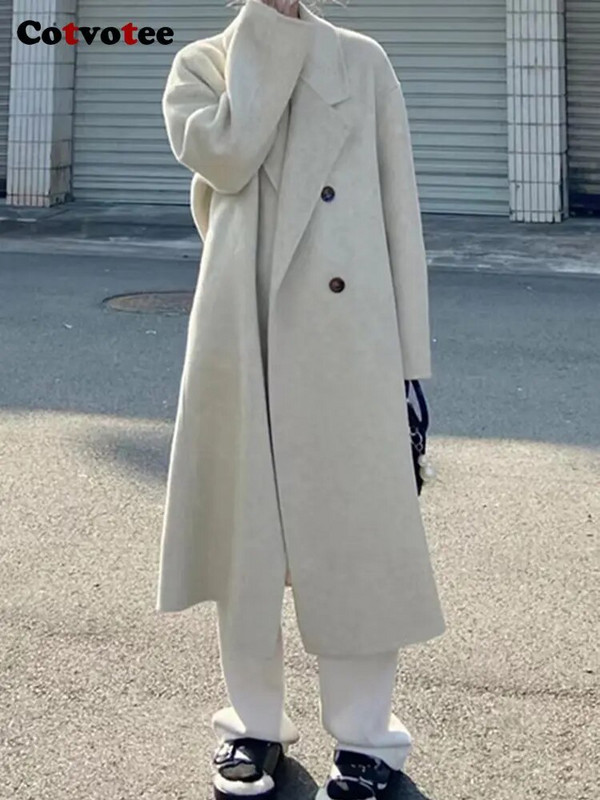 „Cotvotee“ vilnonis paltas moterims, 2022 m., madingas, elegantiškas moteriškas paltas biure, moteriška apykakle su dviguba krūtine, laisvas ilgas paltas moterims