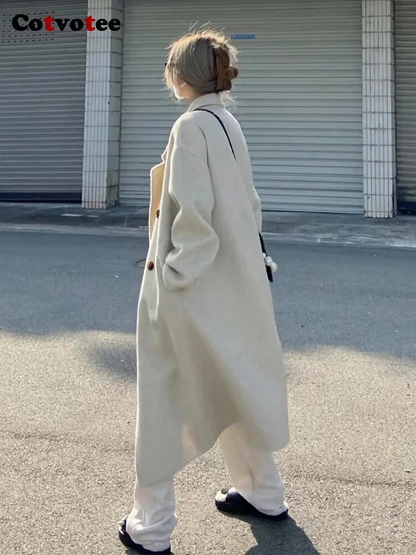 „Cotvotee“ vilnonis paltas moterims, 2022 m., madingas, elegantiškas moteriškas paltas biure, moteriška apykakle su dviguba krūtine, laisvas ilgas paltas moterims