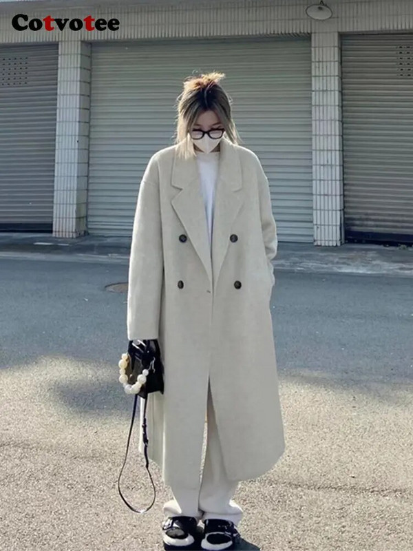 „Cotvotee“ vilnonis paltas moterims, 2022 m., madingas, elegantiškas moteriškas paltas biure, moteriška apykakle su dviguba krūtine, laisvas ilgas paltas moterims