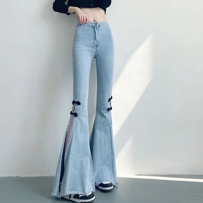 2024 Pantaloni evazați din denim albastru deschis de primăvară femei coreeană slim fit blugi desfășurați în lateral femei pantaloni vintage cu fundă cu talie înaltă