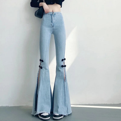 Proljeće 2024. Svijetloplave traper široke hlače Ženske korejske uske traperice s podijeljenim stranama Ženske vintage hlače s mašnom za brisanje visokog struka