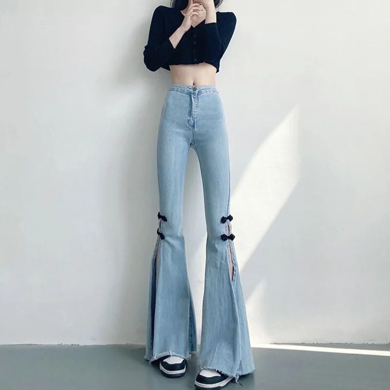 Proljeće 2024. Svijetloplave traper široke hlače Ženske korejske uske traperice s podijeljenim stranama Ženske vintage hlače s mašnom za brisanje visokog struka